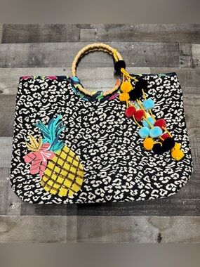 Oversized Tote Black White w/Embellished Pineapple Pom Poms Tropical